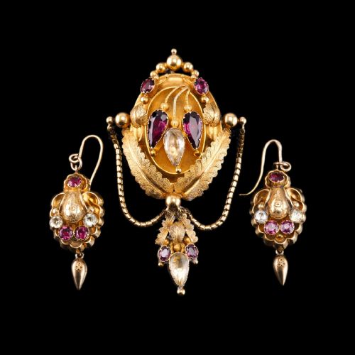 fig 7. Antique Victorian 18K Gold Brooch/Pendant & Earrings Garnet & Chrysoberyl - Etruscan Revival c.1870