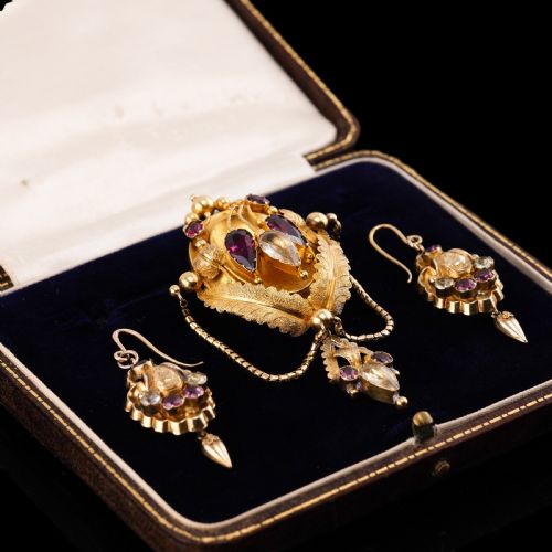 fig 8. Antique Victorian 18K Gold Brooch/Pendant & Earrings Garnet & Chrysoberyl - Etruscan Revival c.1870