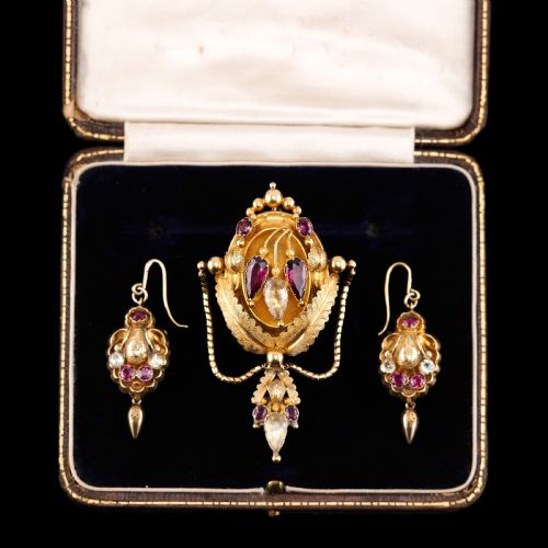 fig 10. Antique Victorian 18K Gold Brooch/Pendant & Earrings Garnet & Chrysoberyl - Etruscan Revival c.1870