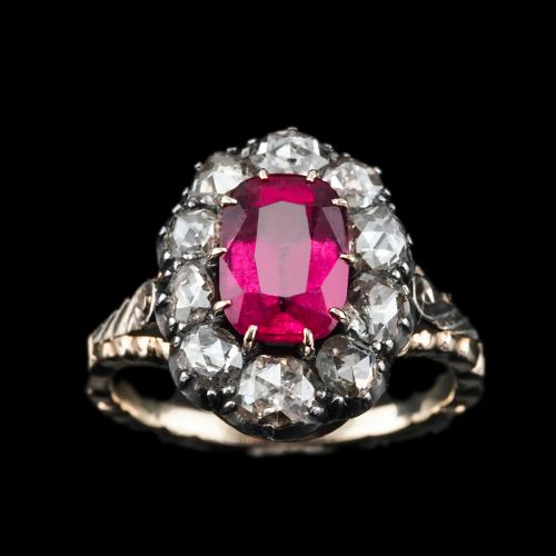 Antique Victorian Rubellite/pink Tourmaline & Diamond Cluster Ring - C.1880