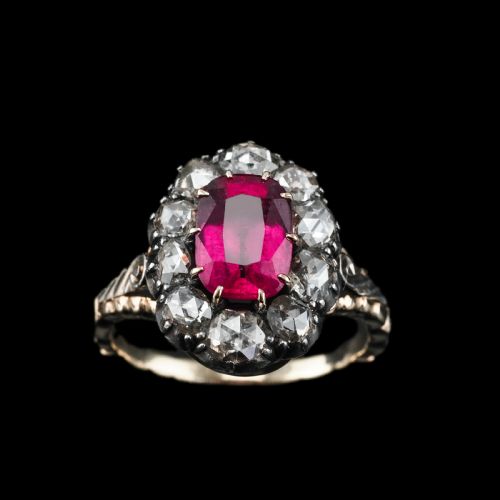 fig 1. Antique Victorian Rubellite/Pink Tourmaline & Diamond Cluster Ring - c.1880