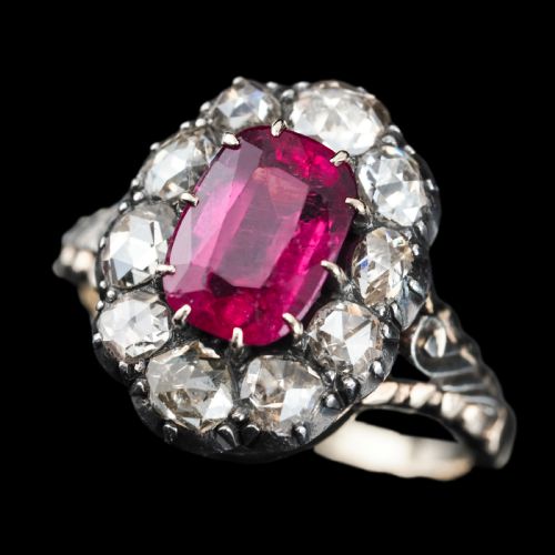fig 2. Antique Victorian Rubellite/Pink Tourmaline & Diamond Cluster Ring - c.1880