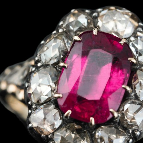 fig 3. Antique Victorian Rubellite/Pink Tourmaline & Diamond Cluster Ring - c.1880
