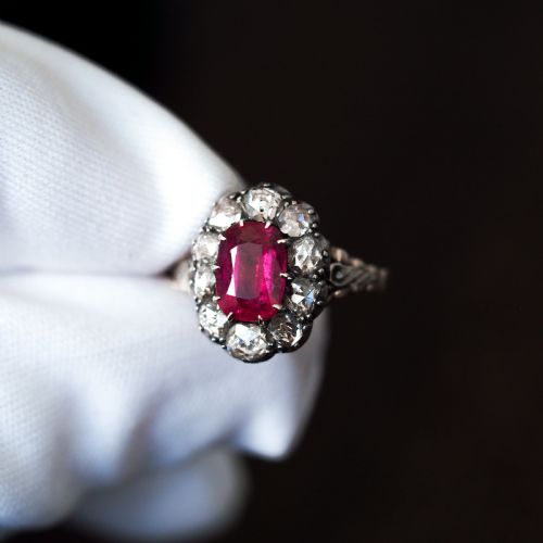 fig 5. Antique Victorian Rubellite/Pink Tourmaline & Diamond Cluster Ring - c.1880