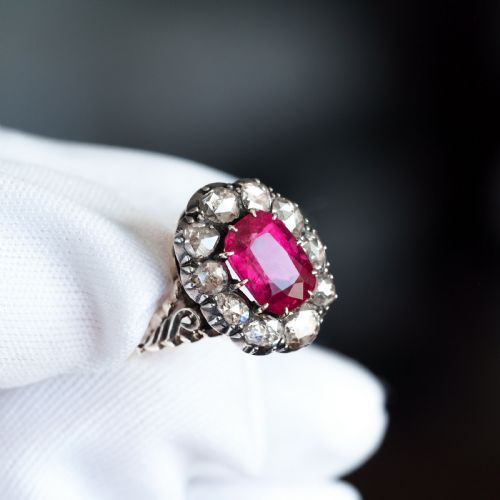 fig 7. Antique Victorian Rubellite/Pink Tourmaline & Diamond Cluster Ring - c.1880