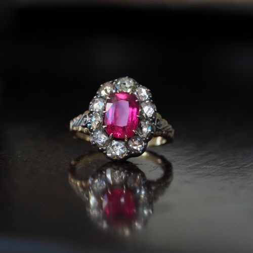 fig 9. Antique Victorian Rubellite/Pink Tourmaline & Diamond Cluster Ring - c.1880