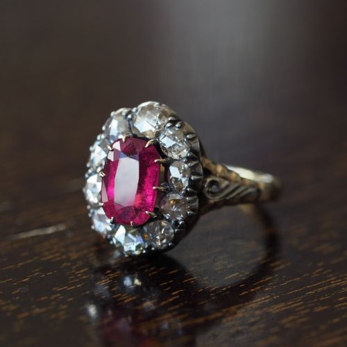 fig 10. Antique Victorian Rubellite/Pink Tourmaline & Diamond Cluster Ring - c.1880