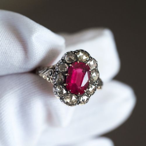 fig 11. Antique Victorian Rubellite/Pink Tourmaline & Diamond Cluster Ring - c.1880