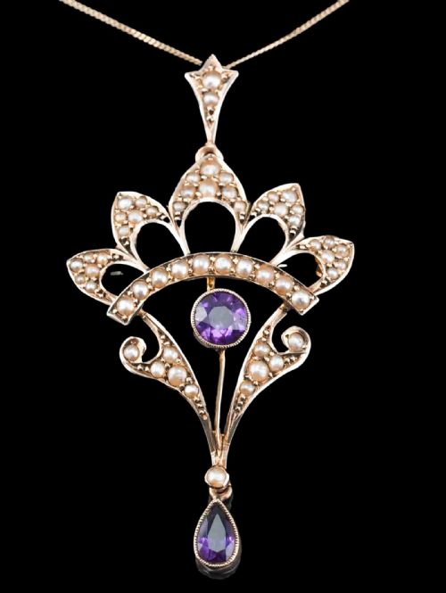 Antique Edwardian Amethyst Necklace with Seed Pearls 9ct Gold - C.1900s