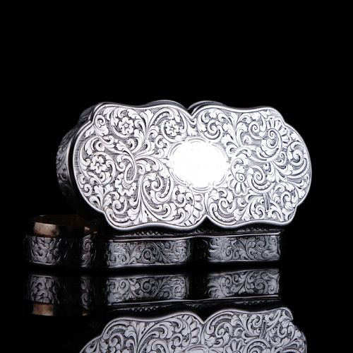 fig 1. Antique Victorian Solid Silver Snuff Box with Scrolled Acanthus Engravings - Nathaniel Mills 1840