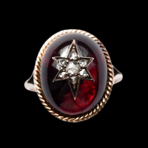 Antique Victorian Garnet & Diamond Cabochon & Star Rose Cut Gold Ring - C.1880