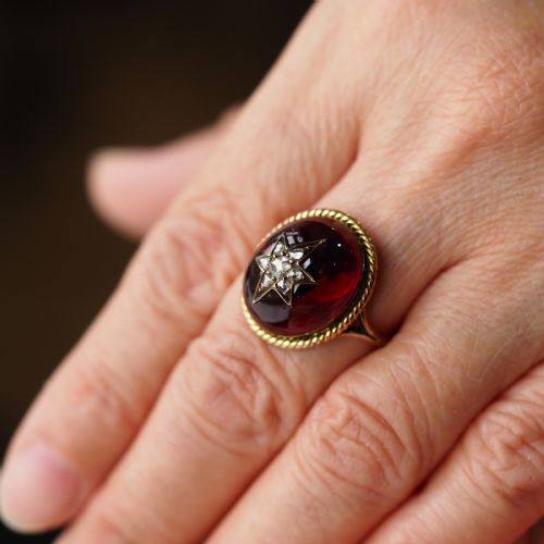 fig 3. Antique Victorian Garnet & Diamond Cabochon & Star Rose Cut Gold Ring - c.1880
