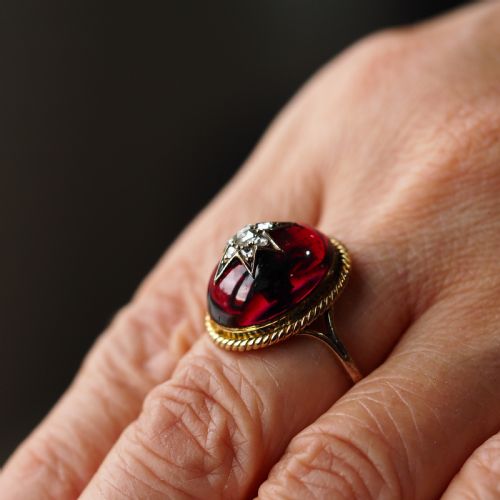 fig 4. Antique Victorian Garnet & Diamond Cabochon & Star Rose Cut Gold Ring - c.1880
