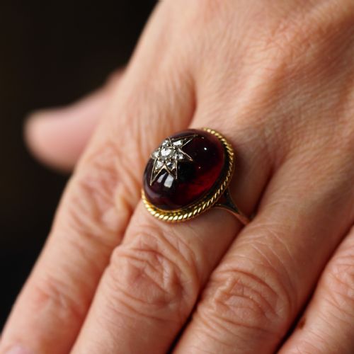 fig 5. Antique Victorian Garnet & Diamond Cabochon & Star Rose Cut Gold Ring - c.1880