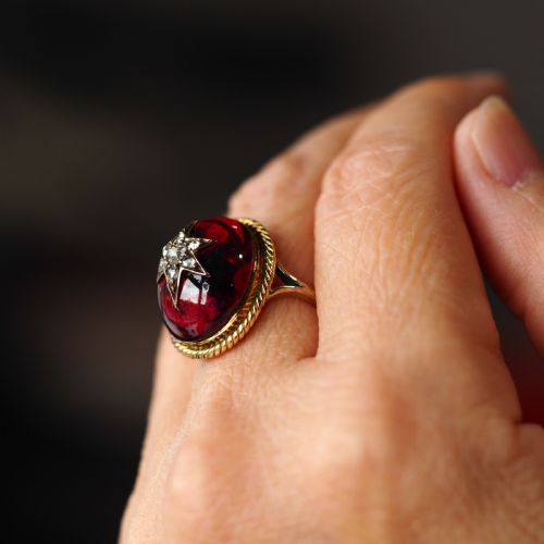 fig 6. Antique Victorian Garnet & Diamond Cabochon & Star Rose Cut Gold Ring - c.1880