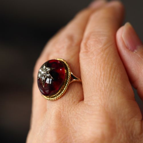 fig 7. Antique Victorian Garnet & Diamond Cabochon & Star Rose Cut Gold Ring - c.1880