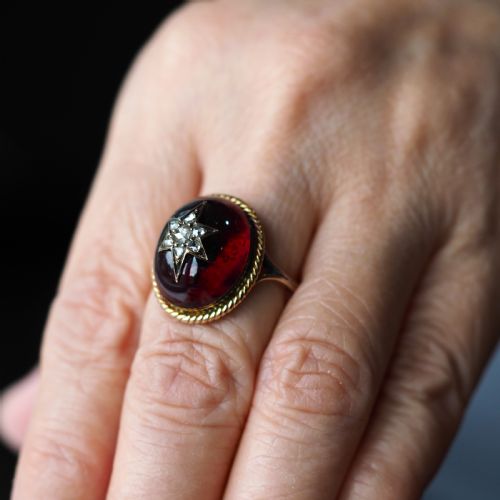 fig 9. Antique Victorian Garnet & Diamond Cabochon & Star Rose Cut Gold Ring - c.1880