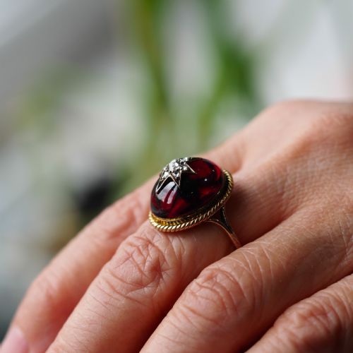 fig 10. Antique Victorian Garnet & Diamond Cabochon & Star Rose Cut Gold Ring - c.1880
