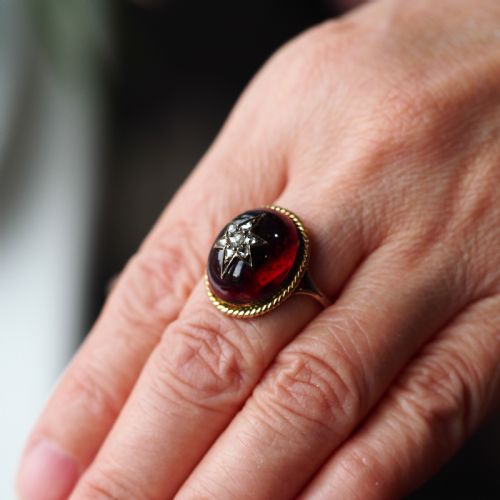 fig 11. Antique Victorian Garnet & Diamond Cabochon & Star Rose Cut Gold Ring - c.1880