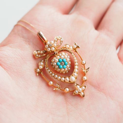fig 1. Antique Edwardian 15ct Gold Turquoise, Diamond & Seed Pearl Pendant Necklace - c.1910