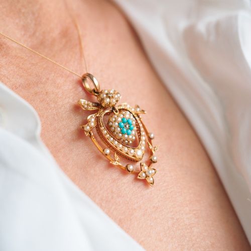 fig 2. Antique Edwardian 15ct Gold Turquoise, Diamond & Seed Pearl Pendant Necklace - c.1910