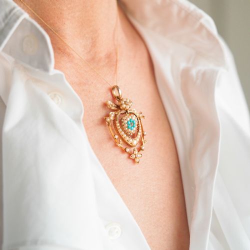 fig 3. Antique Edwardian 15ct Gold Turquoise, Diamond & Seed Pearl Pendant Necklace - c.1910