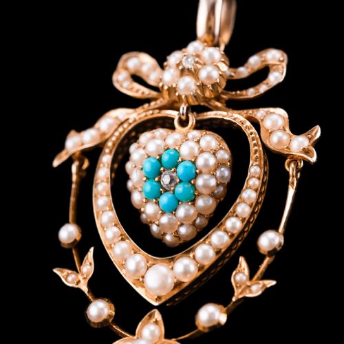 fig 9. Antique Edwardian 15ct Gold Turquoise, Diamond & Seed Pearl Pendant Necklace - c.1910