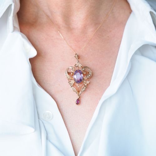 fig 1. Antique Edwardian Amethyst & Seed Pearl 9ct Gold Pendant Necklace, Art Nouveau Design - c.1910