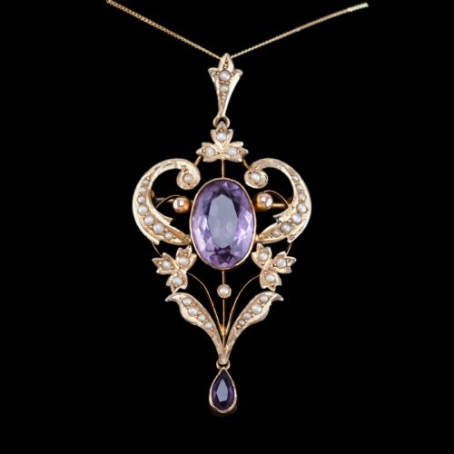 fig 6. Antique Edwardian Amethyst & Seed Pearl 9ct Gold Pendant Necklace, Art Nouveau Design - c.1910