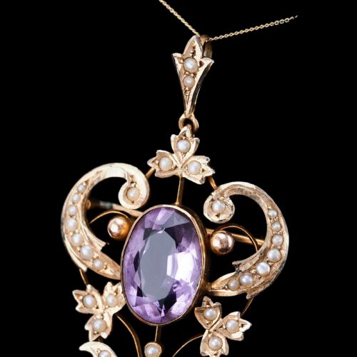 fig 7. Antique Edwardian Amethyst & Seed Pearl 9ct Gold Pendant Necklace, Art Nouveau Design - c.1910