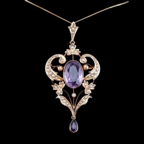 fig 8. Antique Edwardian Amethyst & Seed Pearl 9ct Gold Pendant Necklace, Art Nouveau Design - c.1910
