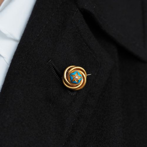 fig 4. Antique Victorian 18ct Gold Star Blue Enamel Pearl Brooch Pin - c.1880