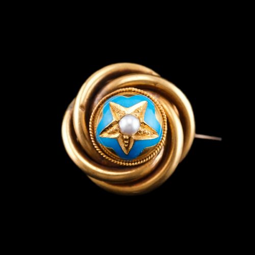 fig 5. Antique Victorian 18ct Gold Star Blue Enamel Pearl Brooch Pin - c.1880
