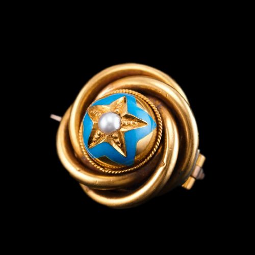 fig 8. Antique Victorian 18ct Gold Star Blue Enamel Pearl Brooch Pin - c.1880