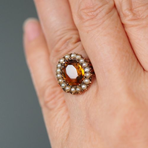 fig 1. Antique Victorian Citrine & Seed Pearl Cluster Ring 9ct Gold - c.1890