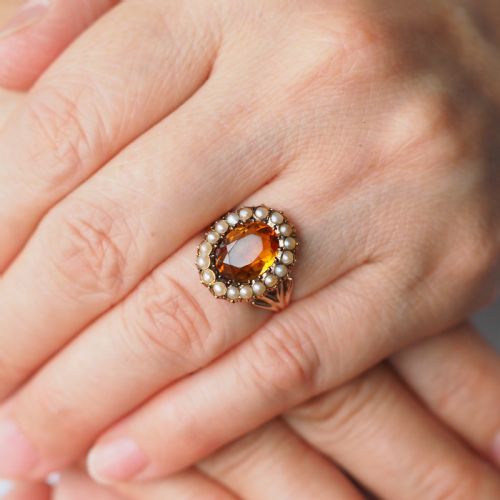 fig 2. Antique Victorian Citrine & Seed Pearl Cluster Ring 9ct Gold - c.1890