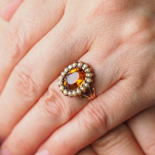 fig 3. Antique Victorian Citrine & Seed Pearl Cluster Ring 9ct Gold - c.1890