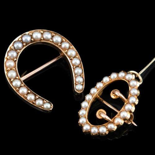 fig 2. Antique Victorian 15ct Gold Seed Pearl Buckle Pendant Brooch Necklace - c.1890