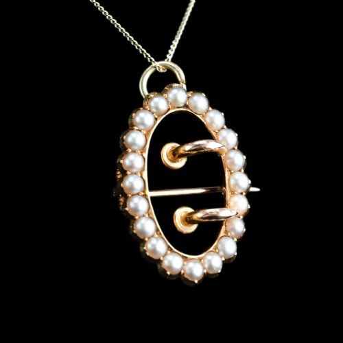 fig 4. Antique Victorian 15ct Gold Seed Pearl Buckle Pendant Brooch Necklace - c.1890