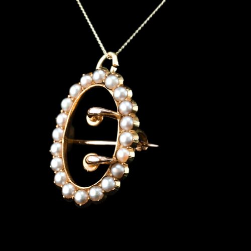 fig 6. Antique Victorian 15ct Gold Seed Pearl Buckle Pendant Brooch Necklace - c.1890