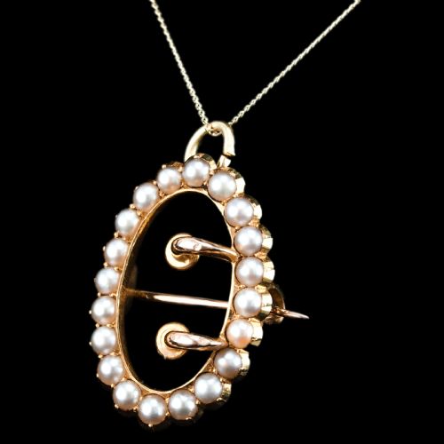fig 7. Antique Victorian 15ct Gold Seed Pearl Buckle Pendant Brooch Necklace - c.1890