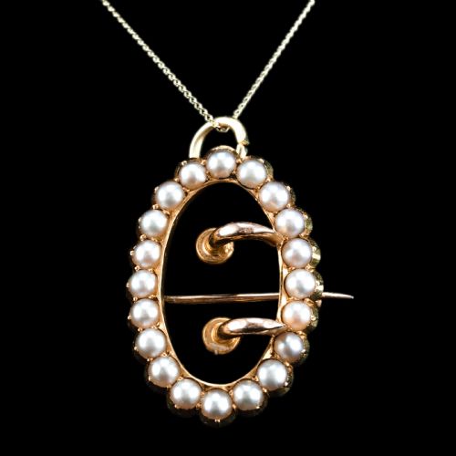 Antique Victorian 15ct Gold Seed Pearl Buckle Pendant Brooch Necklace - C.1890