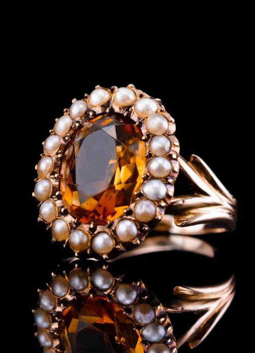 Antique Victorian Citrine & Seed Pearl Cluster Ring 9ct Gold - C.1890