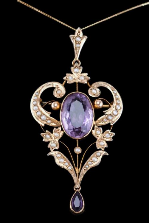 Antique Edwardian Amethyst & Seed Pearl 9ct Gold Pendant Necklace, Art Nouveau Design - C.1910