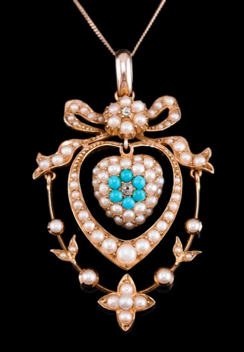 Antique Edwardian 15ct Gold Turquoise, Diamond & Seed Pearl Pendant Necklace - C.1910
