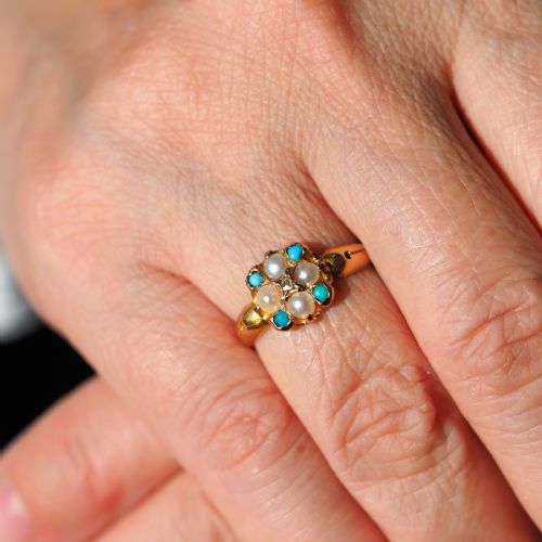 fig 2. Antique Turquoise, Diamond & Pearl Ring 15ct Gold Victorian Flower Cluster Design - 1897