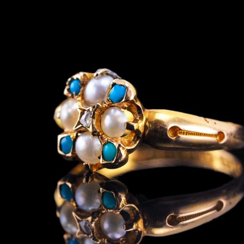 fig 3. Antique Turquoise, Diamond & Pearl Ring 15ct Gold Victorian Flower Cluster Design - 1897