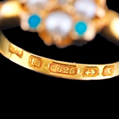 fig 4. Antique Turquoise, Diamond & Pearl Ring 15ct Gold Victorian Flower Cluster Design - 1897