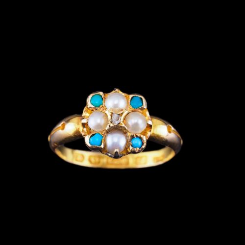 fig 6. Antique Turquoise, Diamond & Pearl Ring 15ct Gold Victorian Flower Cluster Design - 1897