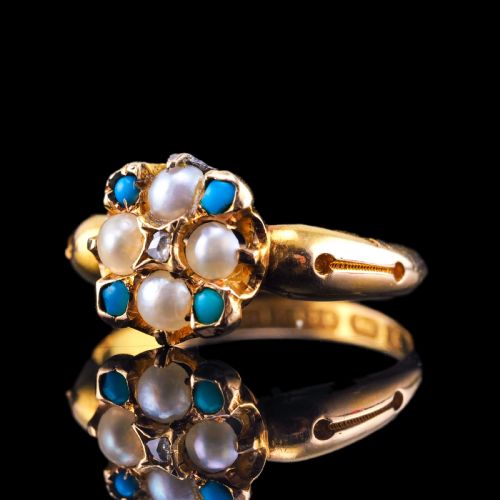 fig 7. Antique Turquoise, Diamond & Pearl Ring 15ct Gold Victorian Flower Cluster Design - 1897
